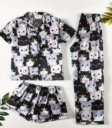 Pijama con 3 piezas con diseño de gato